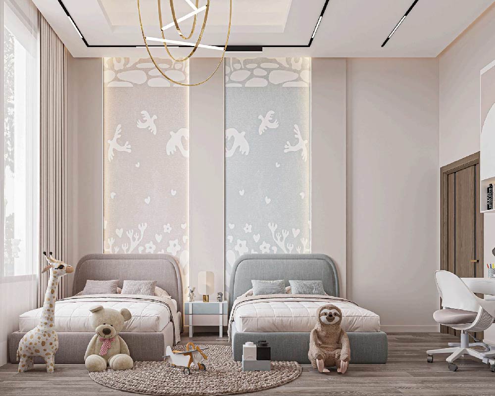 Cozy bedroom with a queen-sized bed and wooden headboard.