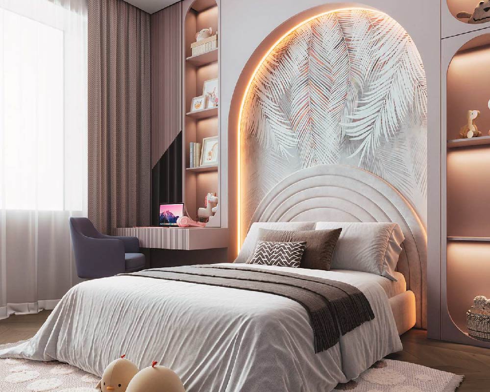 Cozy bedroom with a queen-sized bed and wooden headboard.