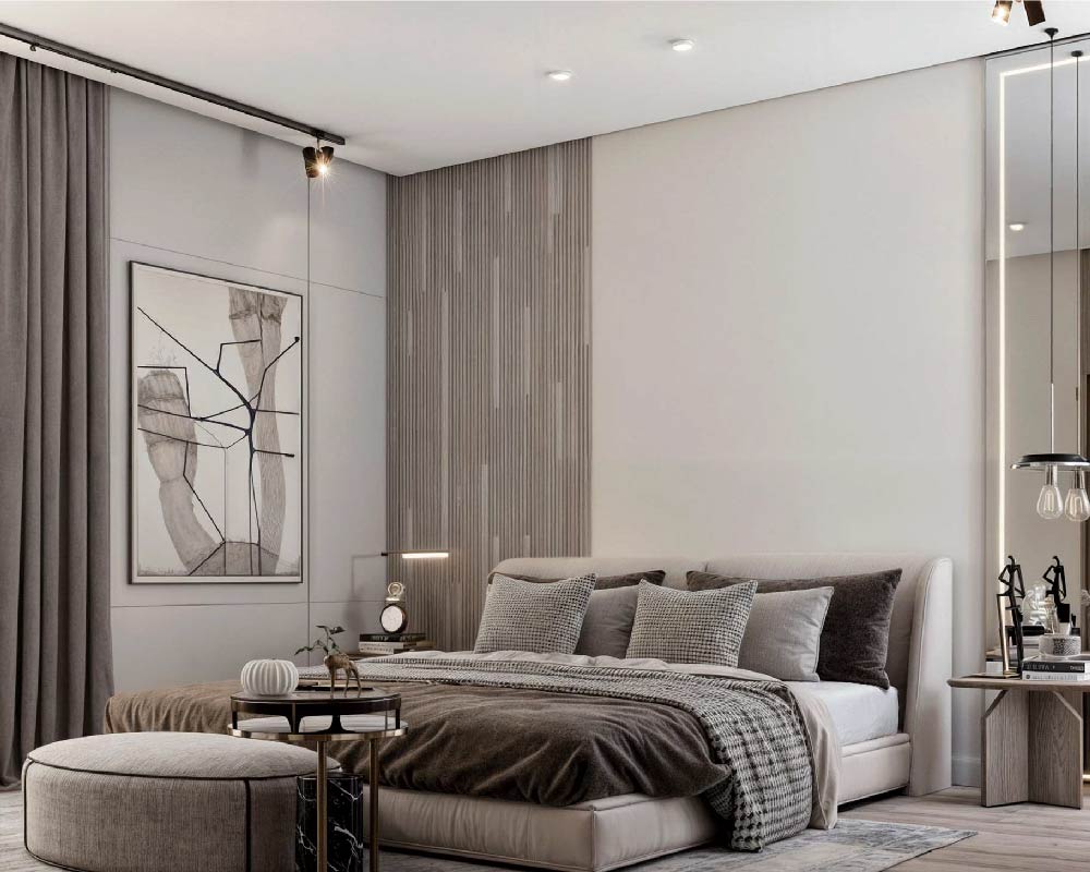 Cozy bedroom with a queen-sized bed and wooden headboard.