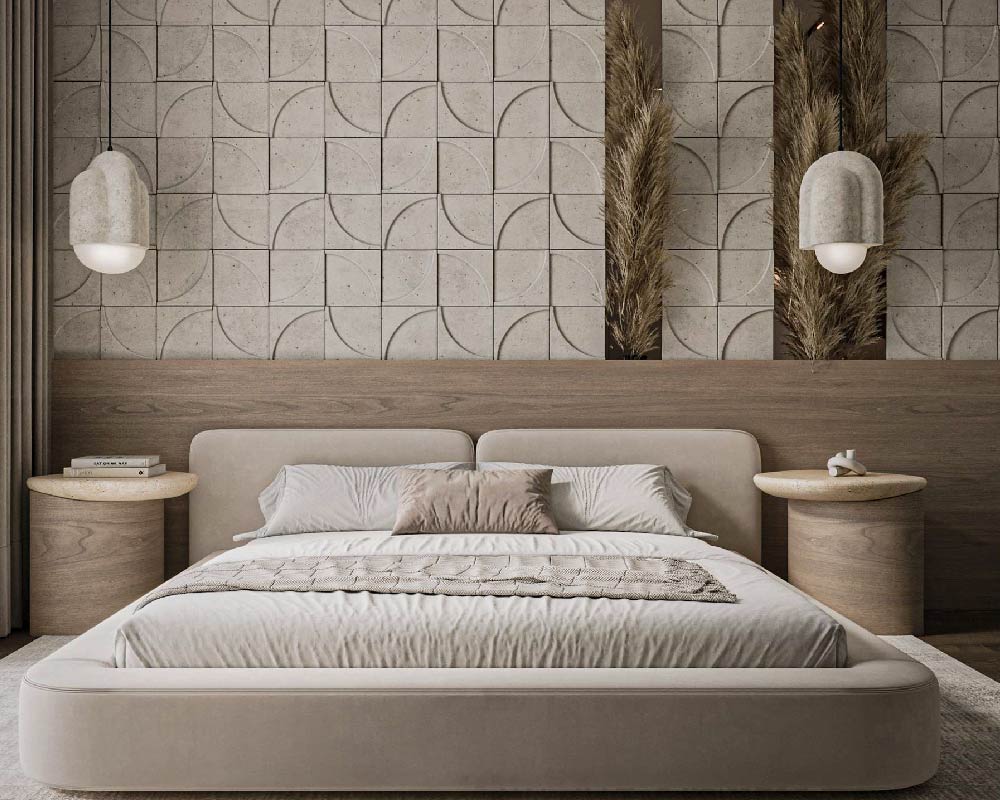 Cozy bedroom with a queen-sized bed and wooden headboard.