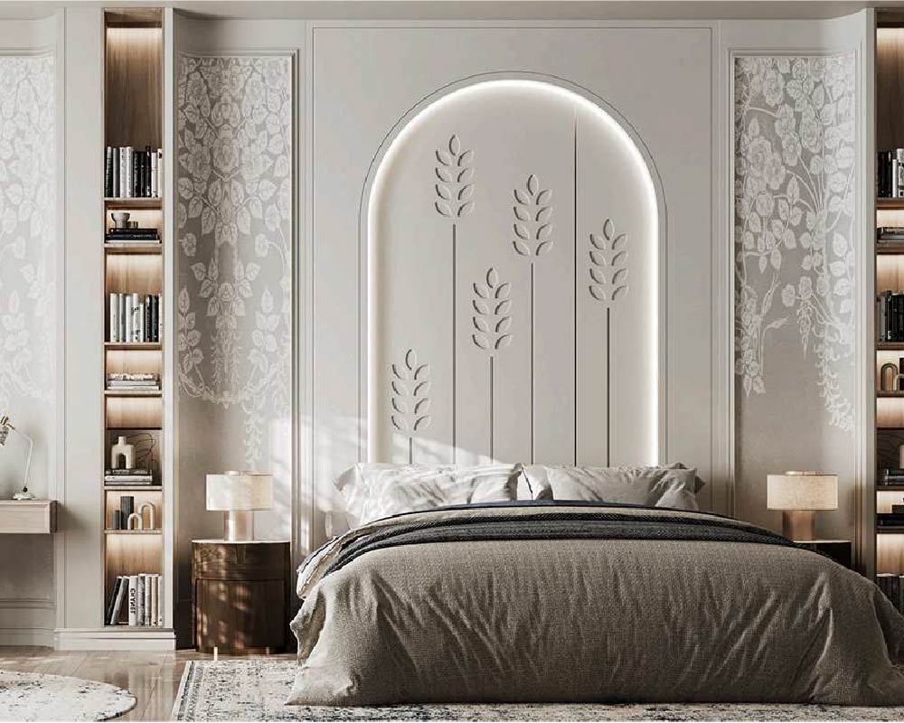 Cozy bedroom with a queen-sized bed and wooden headboard.