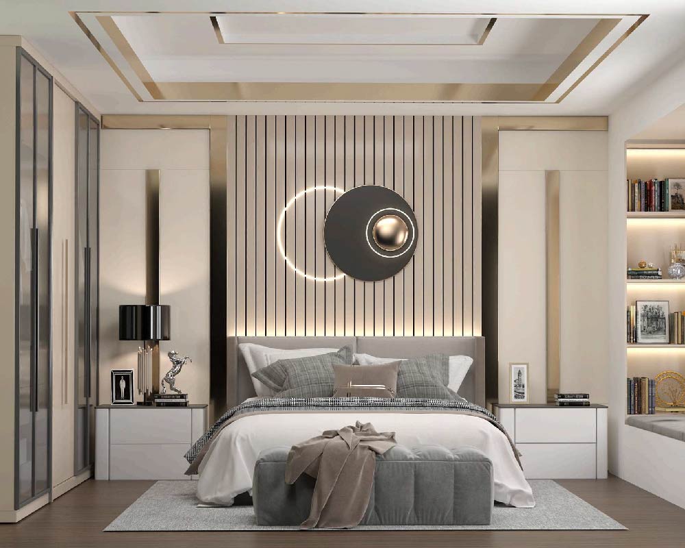 Cozy bedroom with a queen-sized bed and wooden headboard.