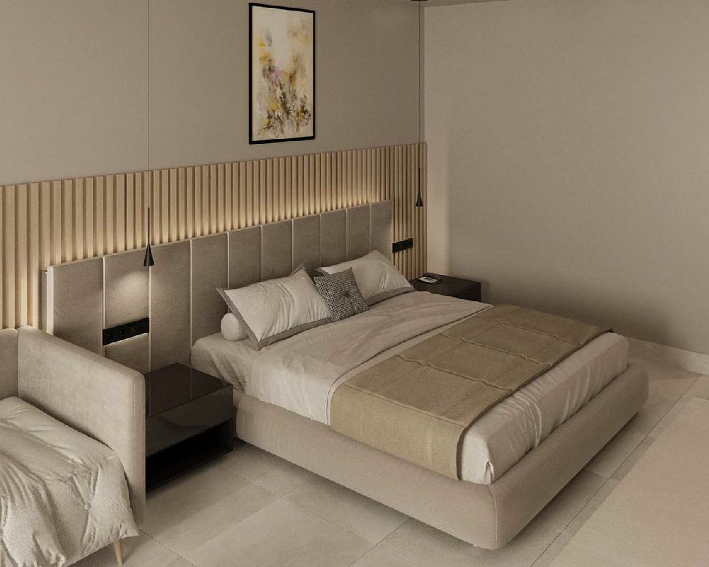 Cozy bedroom with a queen-sized bed and wooden headboard.