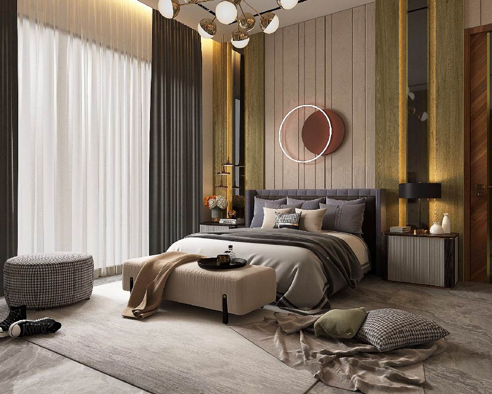 Cozy bedroom with a queen-sized bed and wooden headboard.
