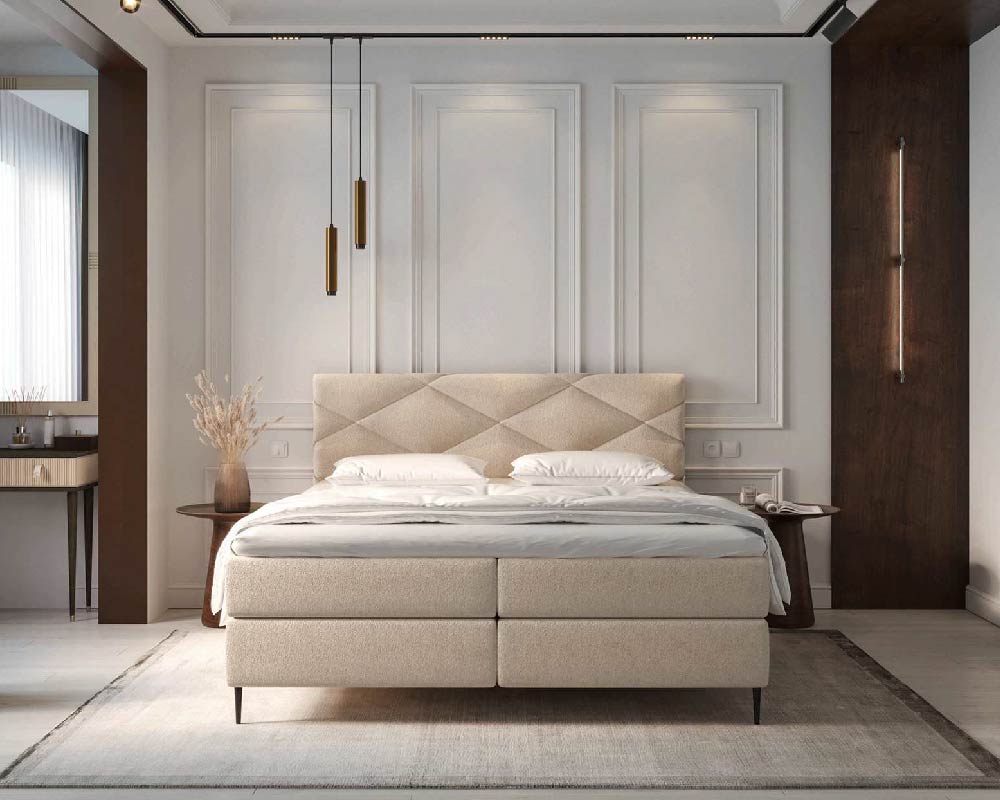 Cozy bedroom with a queen-sized bed and wooden headboard.