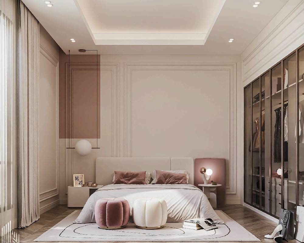 Cozy bedroom with a queen-sized bed and wooden headboard.