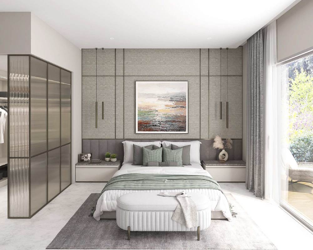 Cozy bedroom with a queen-sized bed and wooden headboard.