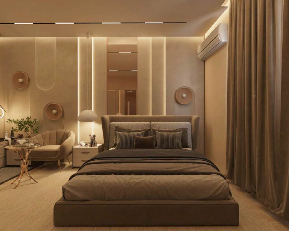 Cozy bedroom with a queen-sized bed and wooden headboard.