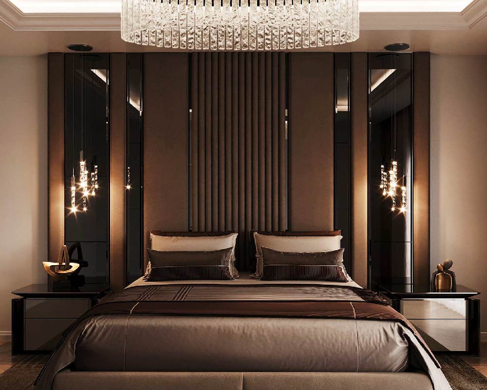Cozy bedroom with a queen-sized bed and wooden headboard.