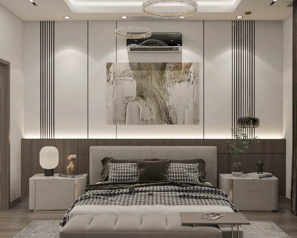Cozy bedroom with a queen-sized bed and wooden headboard.