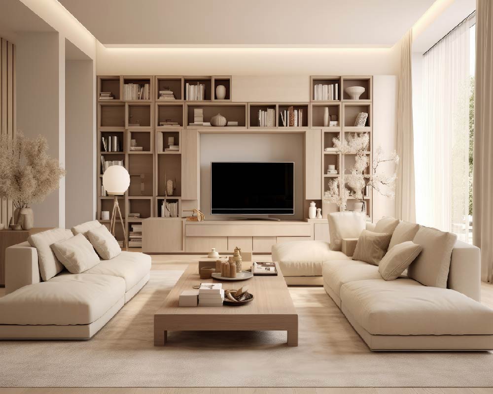 Spacious living hall with modular TV unit and large L-shaped sofa.