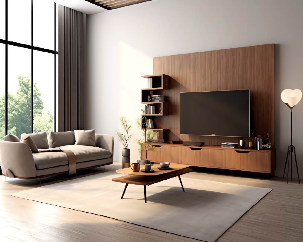 Spacious living hall with modular TV unit and large L-shaped sofa.