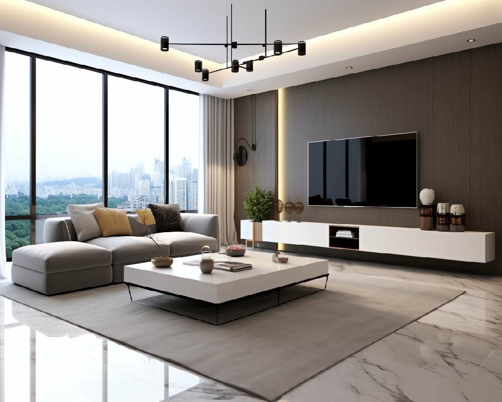Spacious living hall with modular TV unit and large L-shaped sofa.