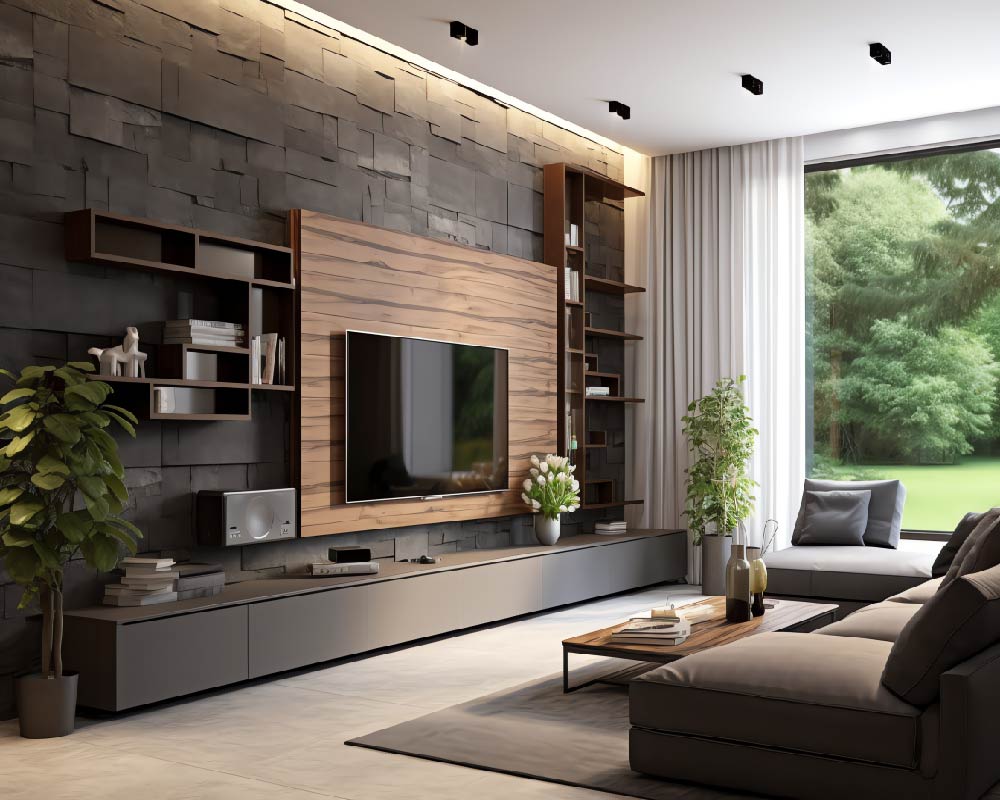 Spacious living hall with modular TV unit and large L-shaped sofa.