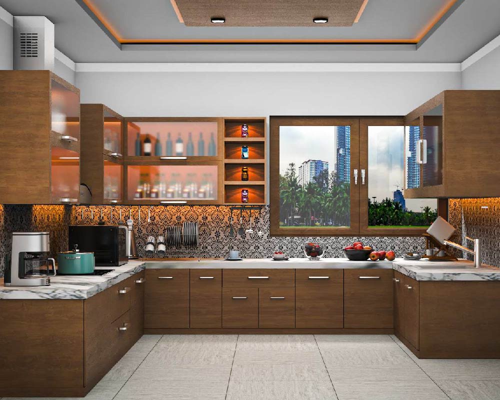 Modular kitchen with grey cabinets and white countertop.