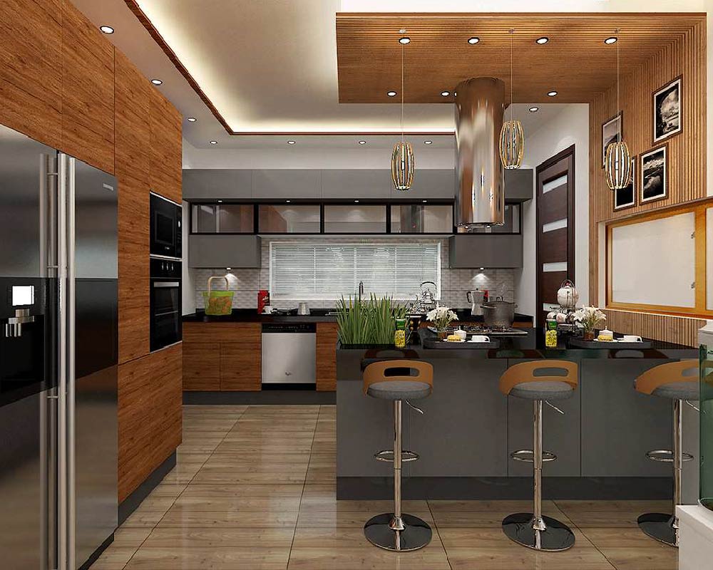 Modular kitchen with grey cabinets and white countertop.