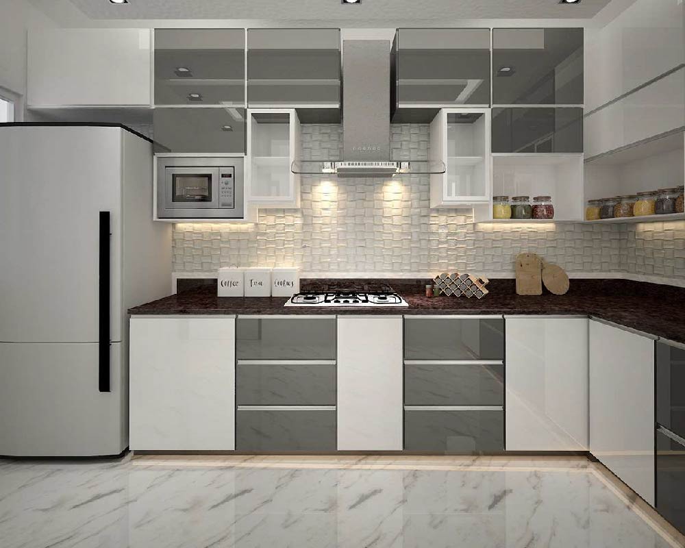 Modular kitchen with grey cabinets and white countertop.