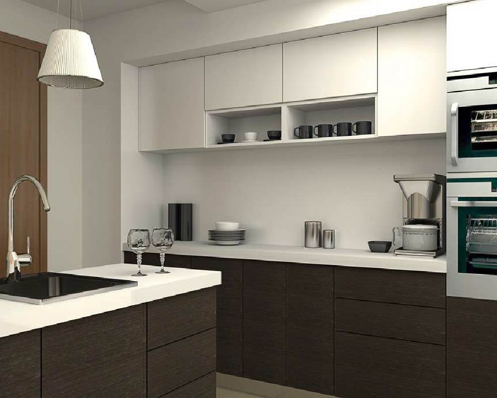 Modular kitchen with grey cabinets and white countertop.