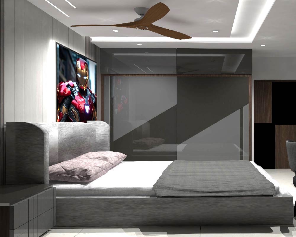 Cozy bedroom with a queen-sized bed and wooden headboard.