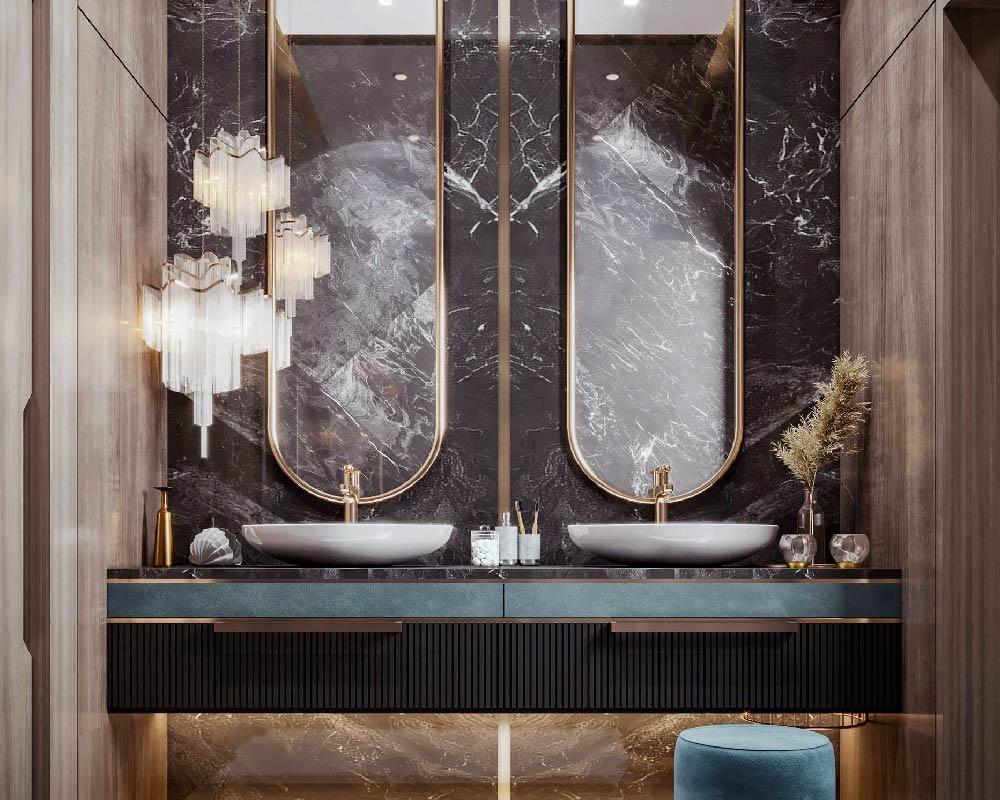 Washbasin and shower design located in the Northeast corner for water flow.