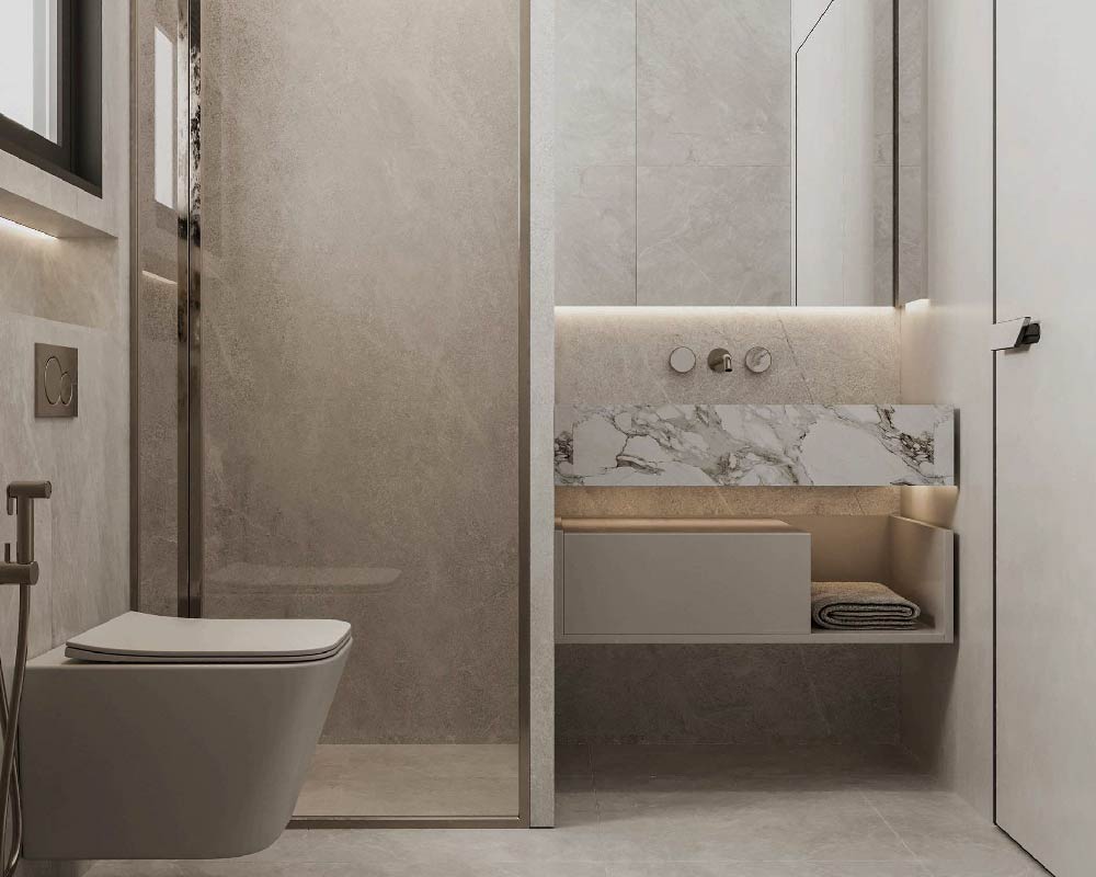 Washbasin and shower design located in the Northeast corner for water flow.
