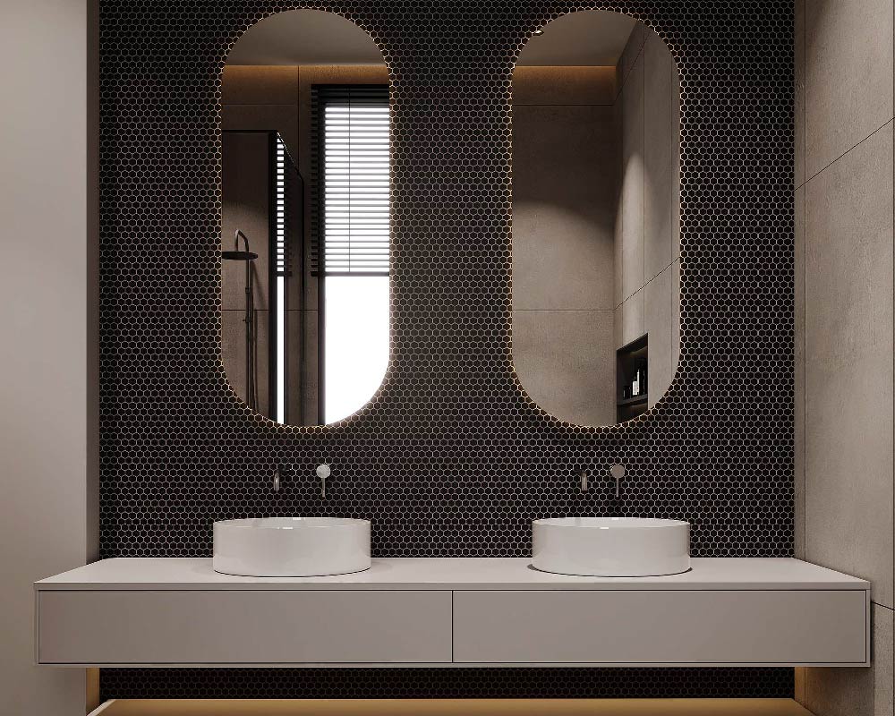 Bathroom floor level slightly raised from the rest of the house, following Vastu principles.