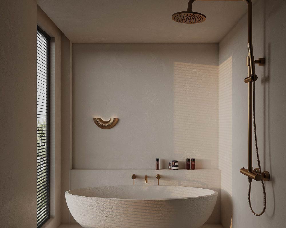 Vastu-compliant washroom design with mirror on the North wall and light colours.